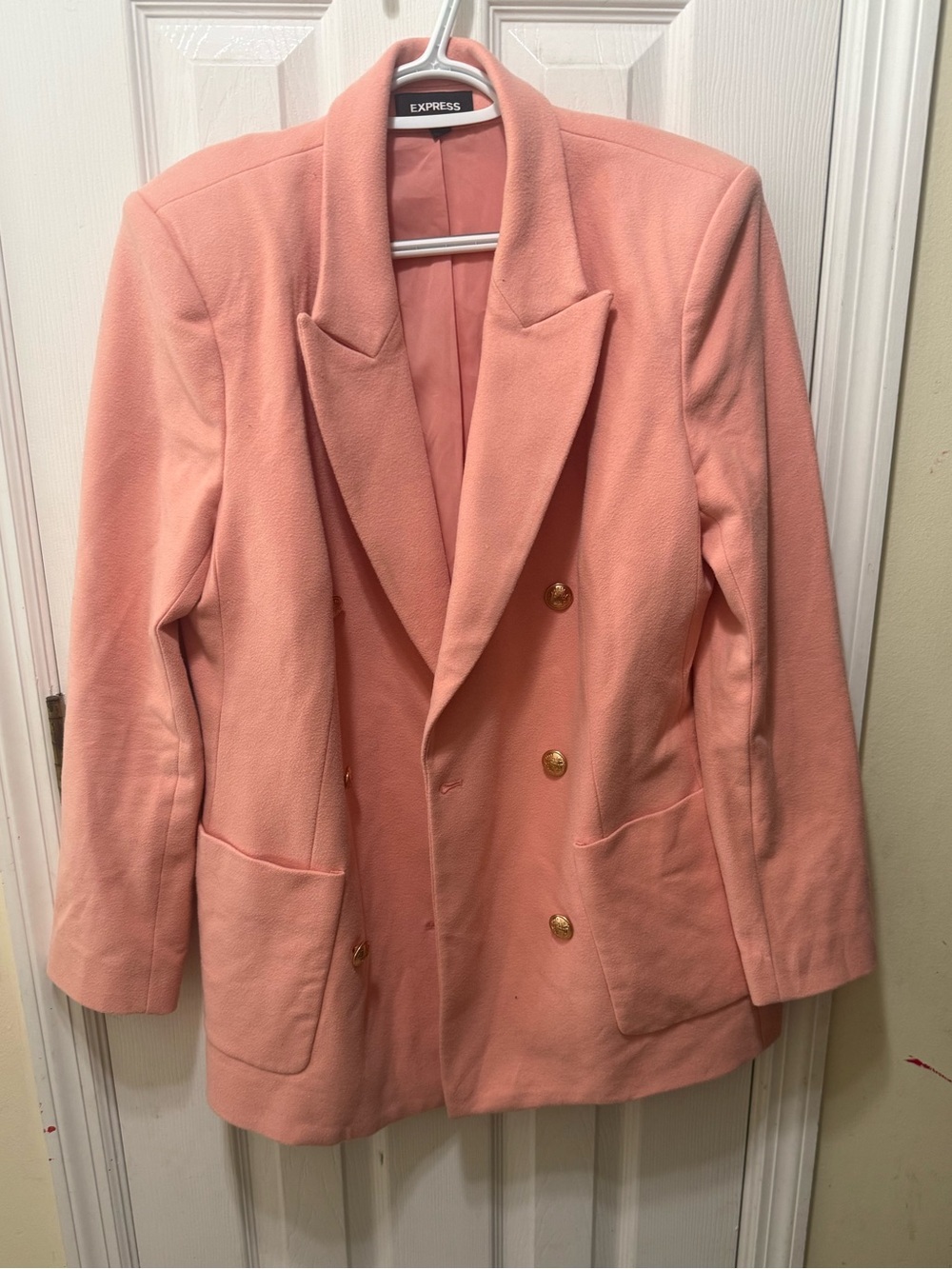 Express Coral Pink Double-Breasted Blazer with Gold Buttons